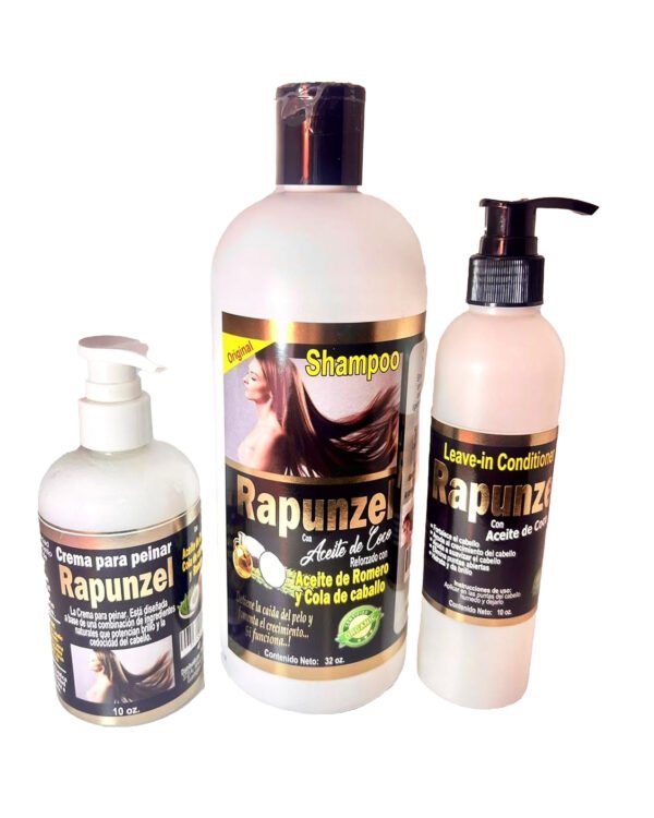 Set Rapunzel Orgánico con Aceite de Coco, Romero y Cola de Caballo – Shampoo, Leave-In y Crema de Peinar para Crecimiento Capilar Natural, Sin Minoxidil