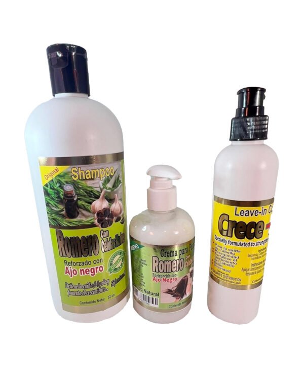 Natural Hair Growth Treatment Set: Rosemary, Black Garlic, Bergamot - Shampoo, Cream, Leave-in - 3 Piece - SET DE ROMERO