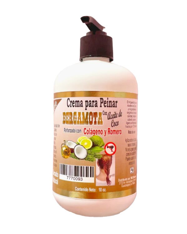 Crema para Peinar de Bergamota con Aceite de Coco, Colágeno y Romero - Brillo Natural y Control de Frizz, 10 oz