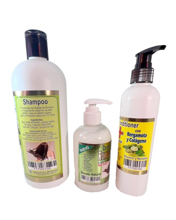 Natural Hair Growth Treatment Set: Rosemary, Black Garlic, Bergamot - Shampoo, Cream, Leave-in - 3 Piece - SET DE ROMERO - Image 2