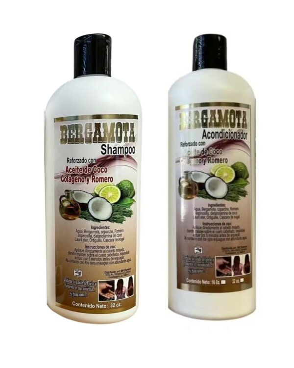 Shampoo y Acondicionador de Bergamota con Aceite de Coco, Colágeno y Romero para Cabello Dañado